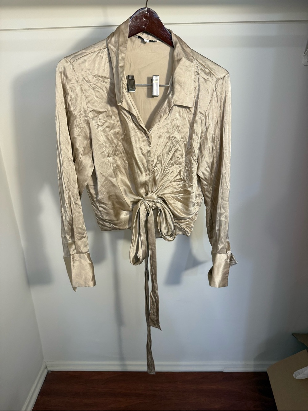 Billie Revolve L Satin Tie-Front Blouse in Champagne